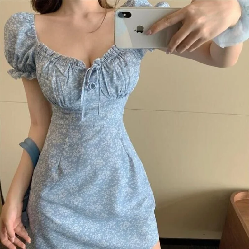 

Dresses Women Elegant Slim Empire Mini Short Puff Sleeve V-Neck Printing Stylish Summer Ladies Vestidos Ulzzang French Prevalent
