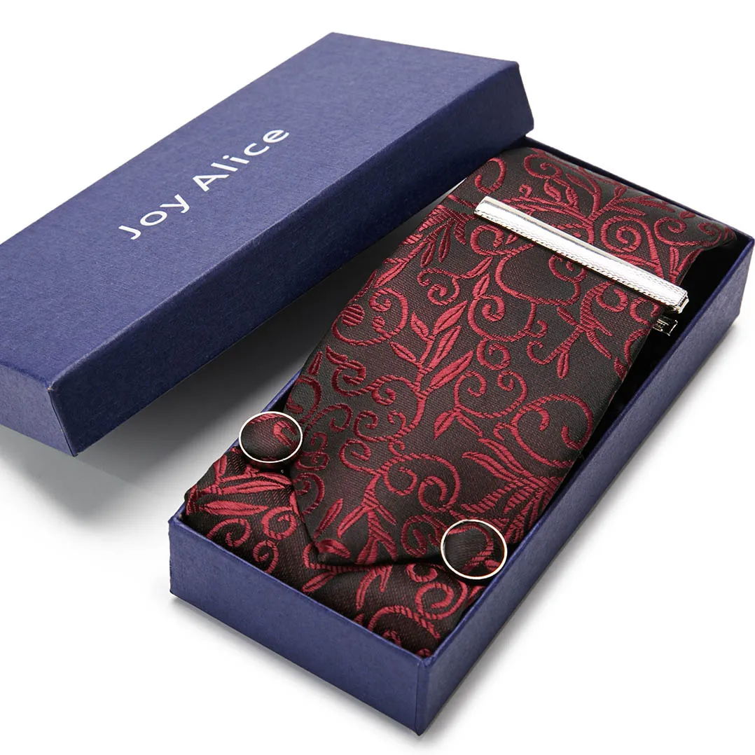 

Luxurious Birthday Present Tie Hanky Pocket Squares Cufflink Set Necktie Box hombre Formal Clothing Wine Red Memorial Day
