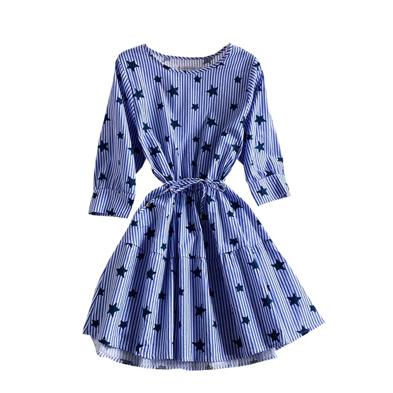 

new show thin stripes is han edition to collect waist belt stars printing loose the little round collar dress