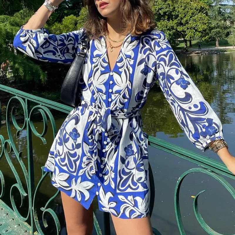 

Elegant 3/4 Sleeve Button V-Neck Midi Dress Fashion Floral Digital Print Single-breasted High-waist Dresses for Women Vestido