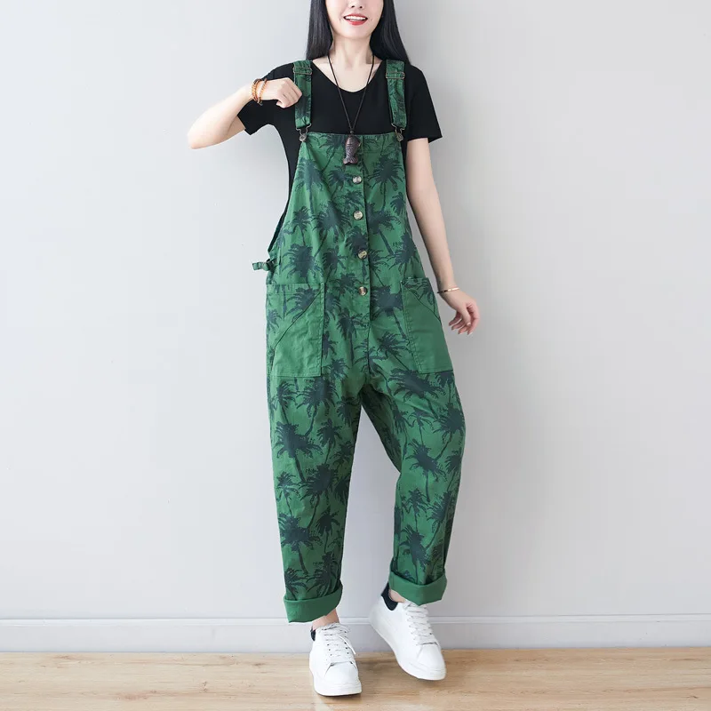 

#0357 Denim Cotton Overalls For Women Vintage Print Jumpsuits Ladies Plus Size Loose Adjustable Strap Long Jumpsuits Big Pockets