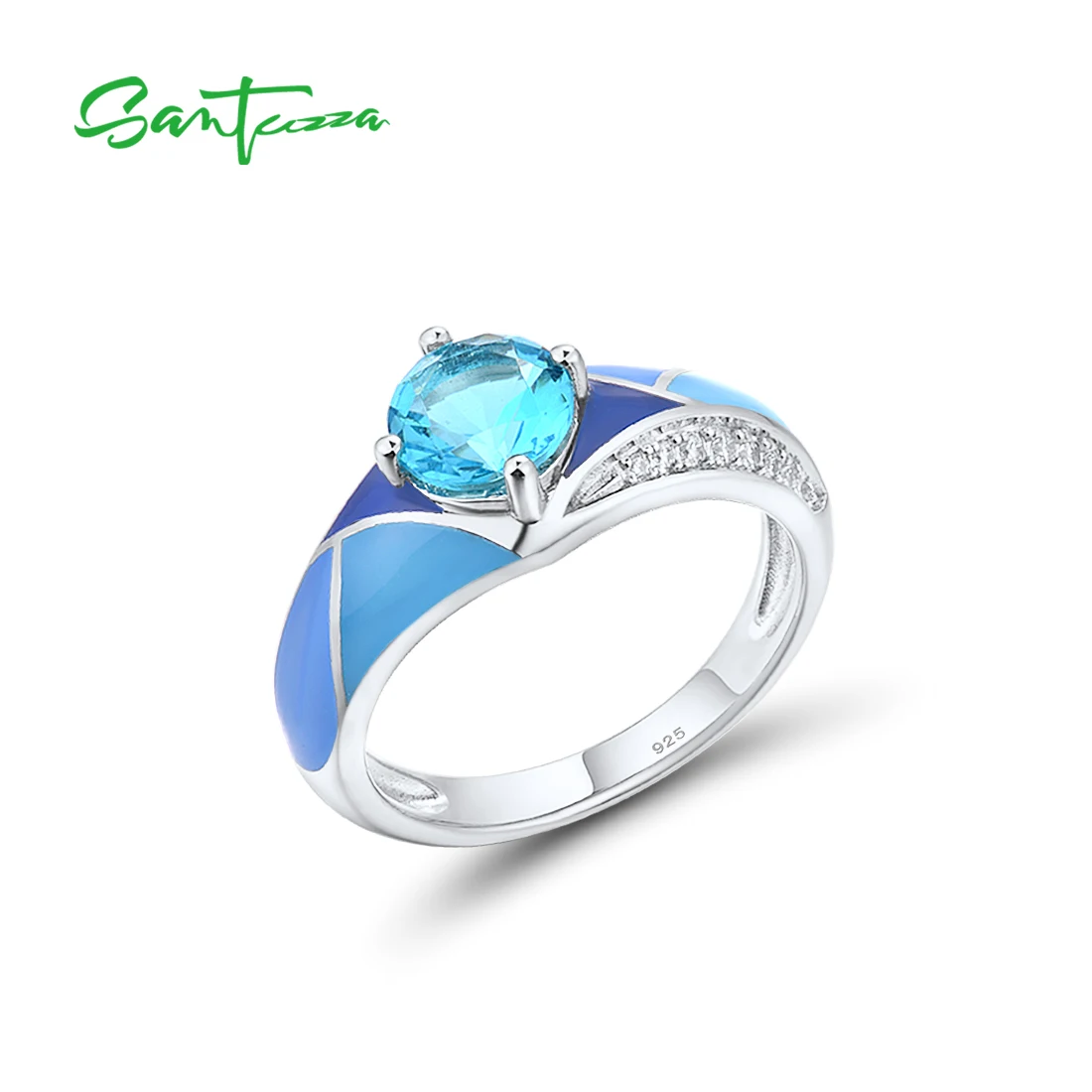 

SANTUZZA Genuine 925 Sterling Silver Rings For Women Elegant Round Blue Glass White CZ Classic Gift Fine Jewelry Handmade Enamel
