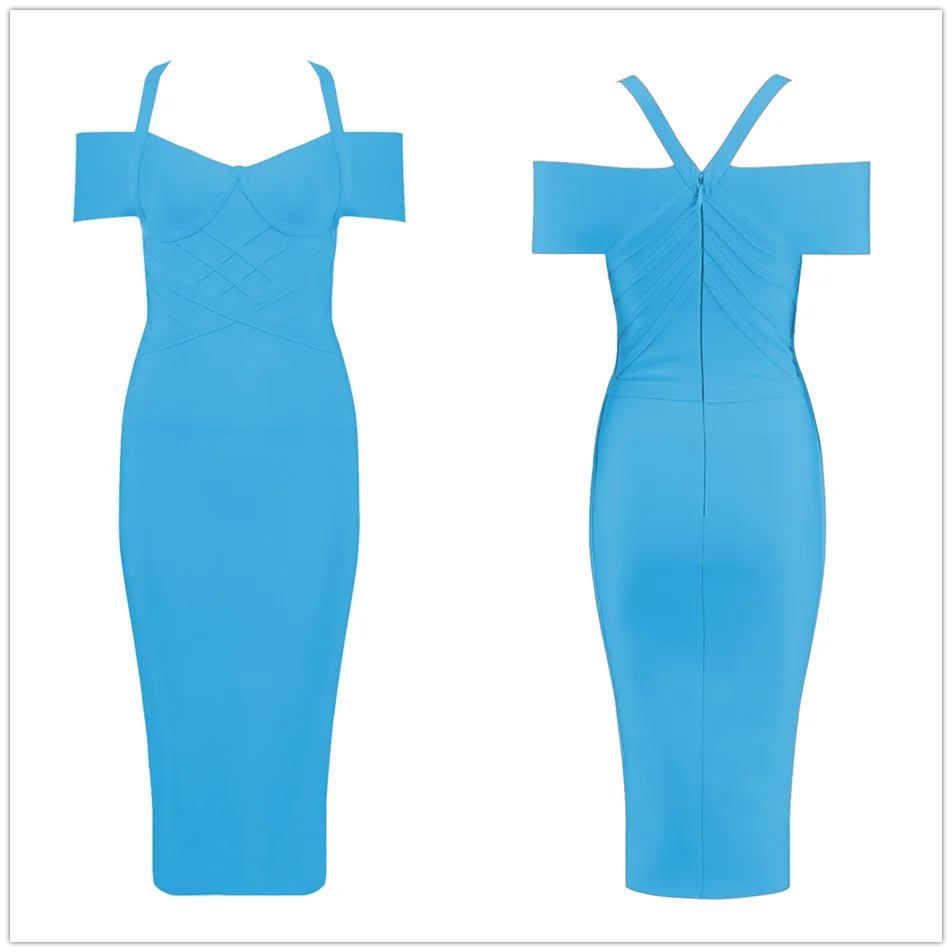 New Summer Bandage Dress Women's Sexy Orange V-Collar Shoulder Club Bodycon Midi Dresses Celebrity Party Dresses
