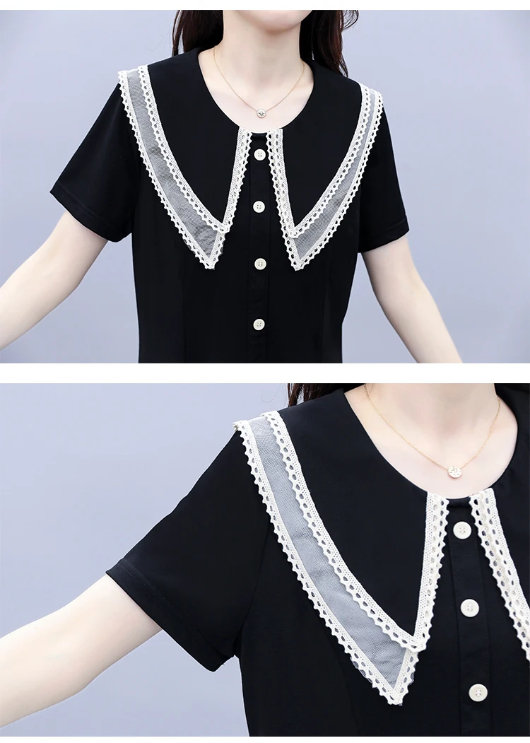 

L-5XL Women's Clothing Of Large Sizes Dress Summer 2021 Korean Fashion Mesh Patchwork Peter pan Collar Short Sleeve Black Dress