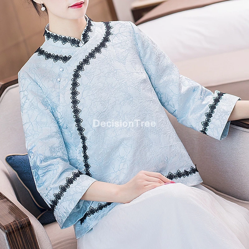 

2022 vintage chinese style womens mandarin collar tang blouse lady solid tang clothing cheongsam full sleeve loose qipao tops