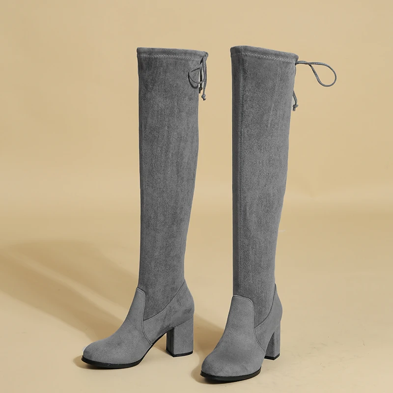Autumn Winter Warm Over The Knee Boots Suede Short Plush Women's High Boots Long Tube Lace Up Elastic Fabric Women Boots Shoes