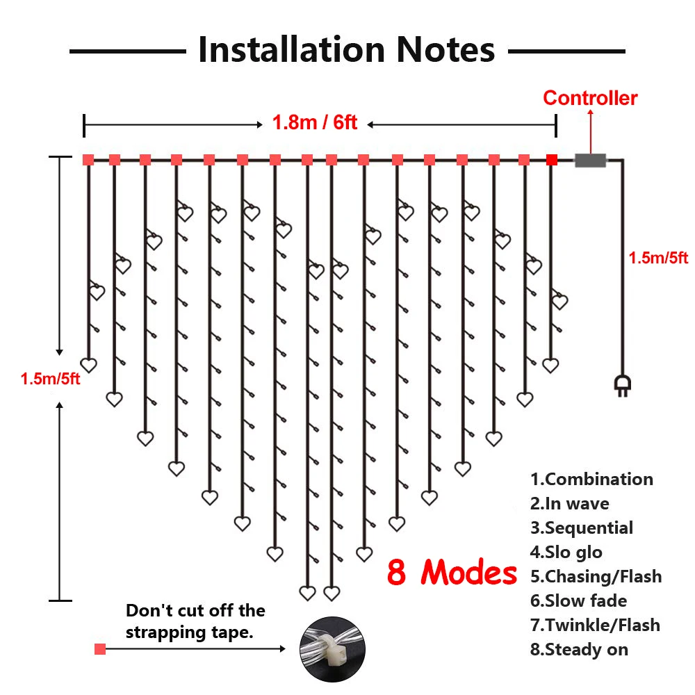 

LED String Lights Heart Shape Curtain Lights 8 Modes IP65 Waterproof Twinkle Home Decor Light Wedding Valentine TV Backdrop Wall