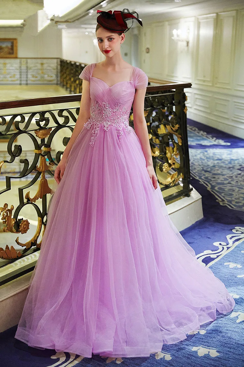 

Lavender tulle long evening dress 2015 new arrival formal dresses sexy cap sleeve robe de soiree vestidos lace appliques a-line