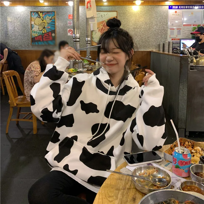 

Fashion new autumn and winter cute milk print hooded loose long-sleeved plus velvet sweatshirts