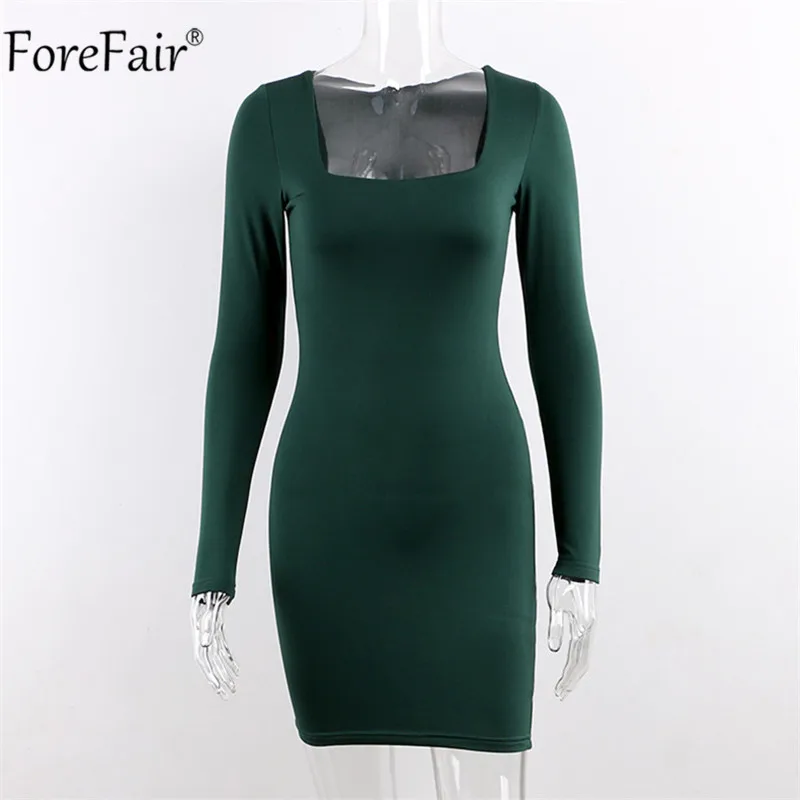 Forefair облегающее мини-платье для женщин осень зима квадратный воротник с длинным рукавом пикантные Клубные черные красные повседневные однотонные вечерние платья