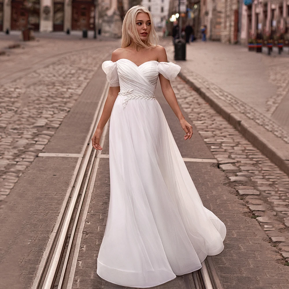 

Elegant A-Line Wedding Dresses Custom Made Sweetheart Backless Sweep Train Beading 2021 White Bridal Gowns