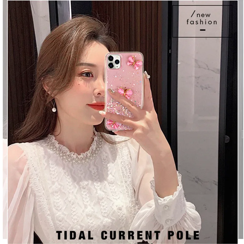 

3D Bling Glitter Pearl butterfly soft silicone Case For iPhone 12 11 Pro Max XR X XS 6s 7 8 Plus cover for samsung S8 S9 S10