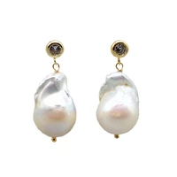 large pearl earrings natural white baroque pearls golden earrings shiny zircons ladies pearl earrings