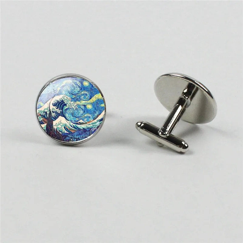 

New accessories Van Gogh painting giant wave glass cufflinks Fashion art jewelry