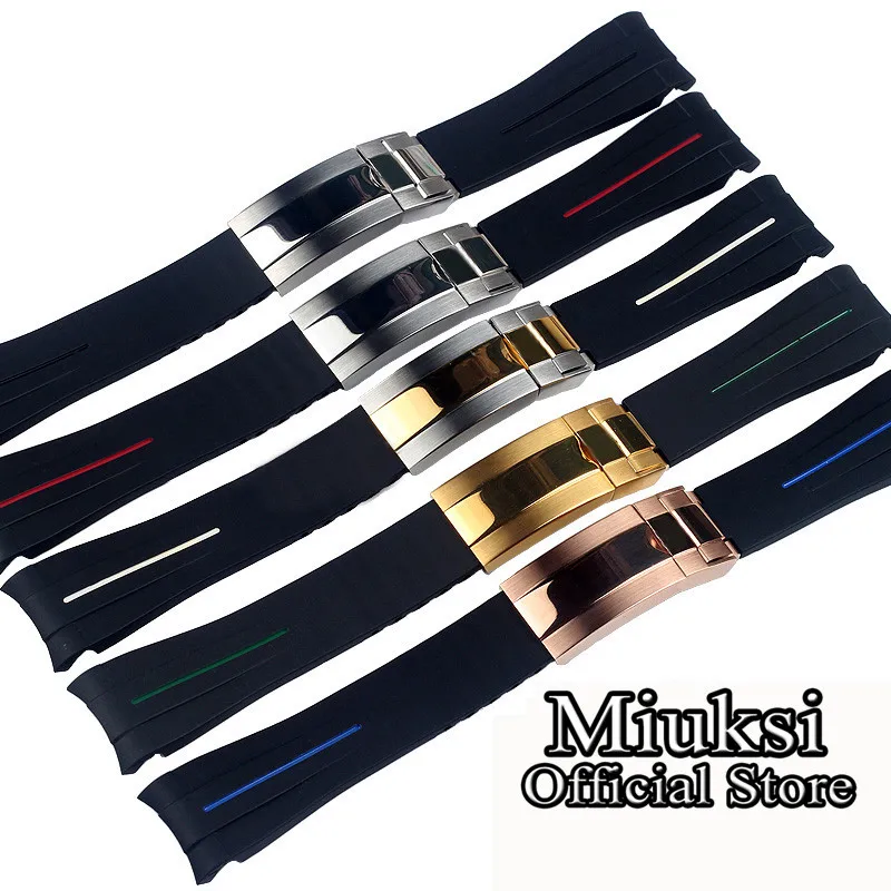 Miuksi 20mm black blue green rubber strap curved end watchband with silver rose gold balck stainless steel buckle