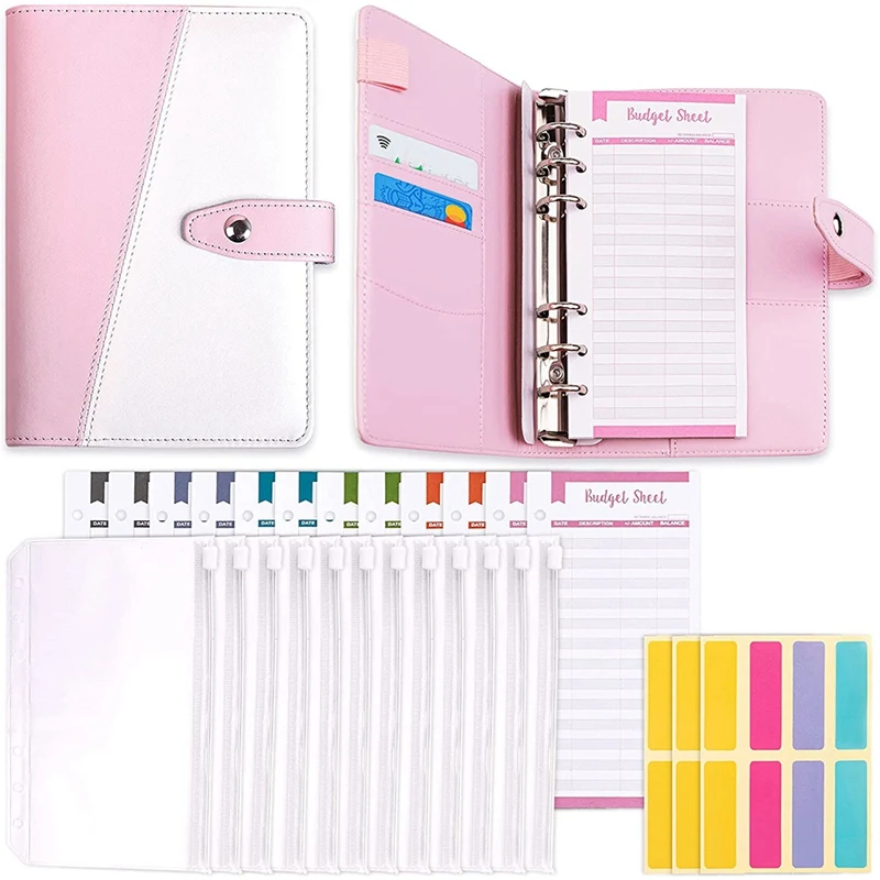 

A6 PU Budget Binder,Cash Envelopes for Budgeting with Zipper Cash Envelopes,12 Budget Envelope,24 Self-Adhesive Label