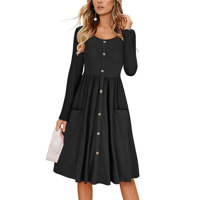 

2021 spring New Solid Color Long Sleeve Midi Dress Casual O-neck Fold Slim Work Dress Fashion Pockets Button Party Dresses