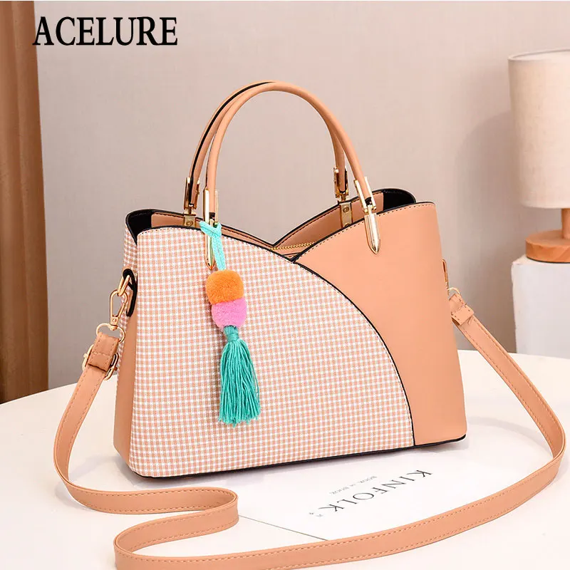 

ACELURE Female Patchwork PU Leather Messenger Bags Fur Tassel Pendant Shoulder Bags Elegant Ladies Fashion Handbags Purse Totes