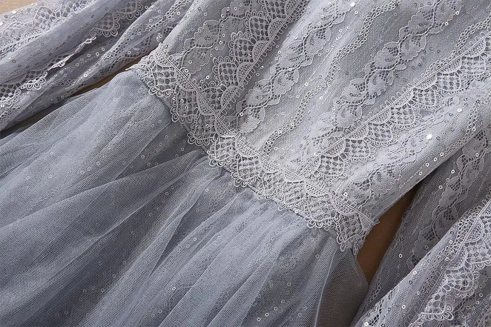 

European and American women's clothing 2020 winter new style Long sleeve collar Lace patchwork irregular mesh sparkles dress