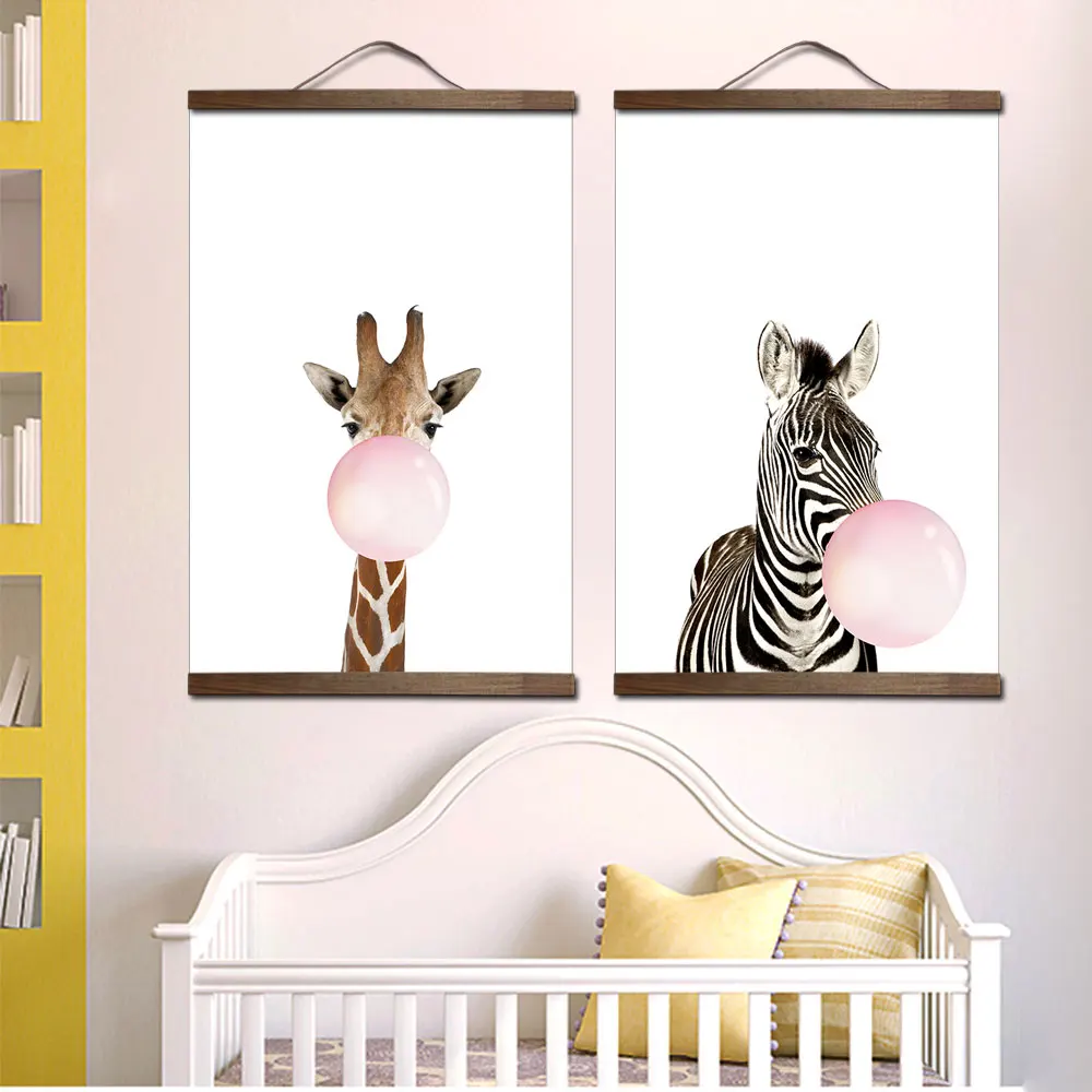 

ZHUGEGE baby kids room pink cute anime animal canvas black walnut hanging scroll painting wall art poster home decor Pendant