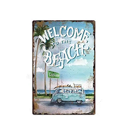 

California Surfer Welcome to The Beach Surfing Surf Van Surfboard Vintage Tin Sign Home Bar Kitchen Restaurant Wall Deocr Plaque