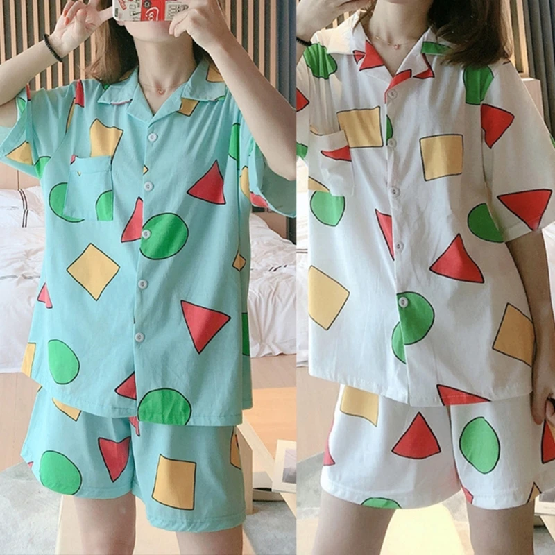 

Women Summer 2 Piece Pajamas Set Short Sleeve Button Down Sleepwear Colorful Geometry Pattern Loose Home Loungewear