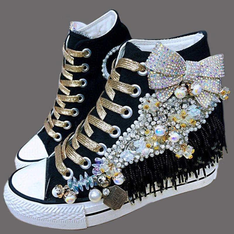 

Women's shoes 2021 new hand-made fashion brand interiors increase exquisite diamond bow women's canvas shoes