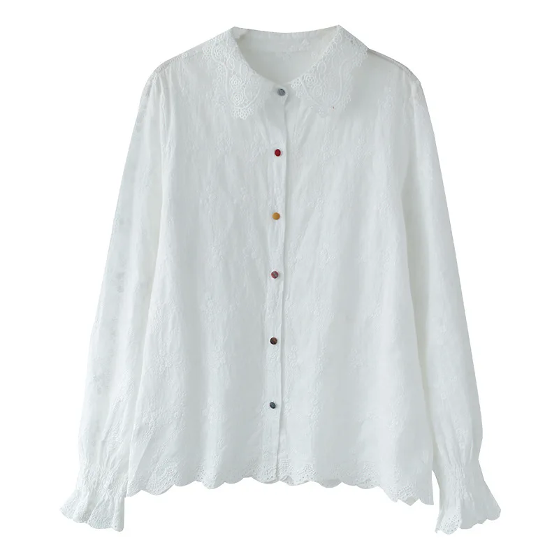 

Ladies High Quality Blouse 2021 Fashion Loose Styles White Shirts New Sweet Embroidery Color Button Long Sleeve Tops For Spring