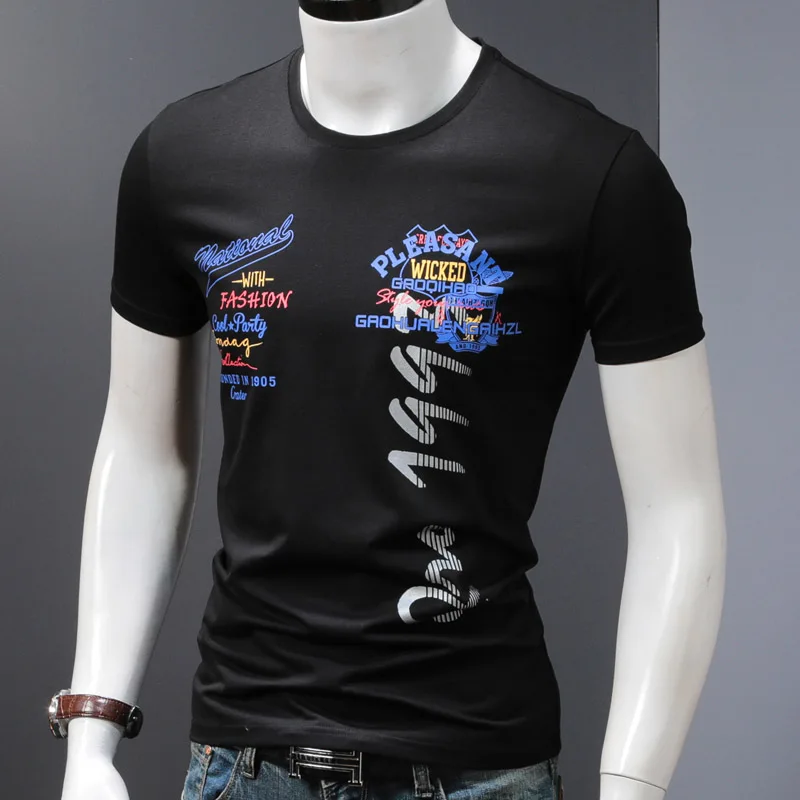 

Fashion Letter Printed Black T Shirt Men Slim Fit O-Neck Short Sleeve T-Shirts Mens Cotton Stretch Tshirt Oversized Top Tees