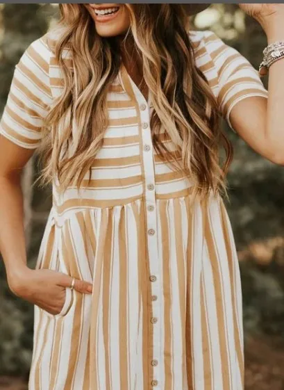 

Striped V-neck 3 / 4 sleeve high waist Pocket Shirt Dress