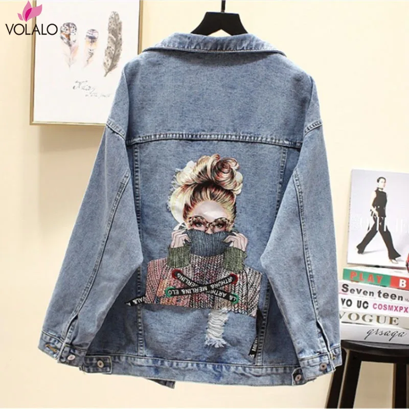 

VOLALO 2023 BF Autumn Harajuku Printed Frayed Beading Denim Jacket Loose Casual Jeans Jacket Women Coats Outwear Female Jackets