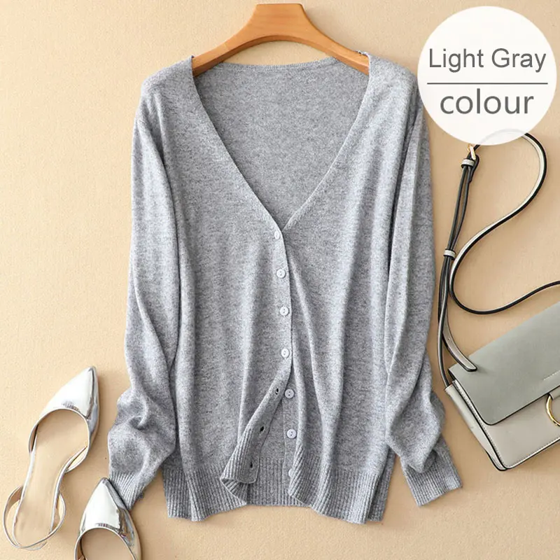 V-neck Light Gray Однобортный Для женщин свитер вязаный тонкий кардиган с круглым вырезом с длинным рукавом женские кардиганы Демисезонный женские топы - Цвет: V-neck Light Gray