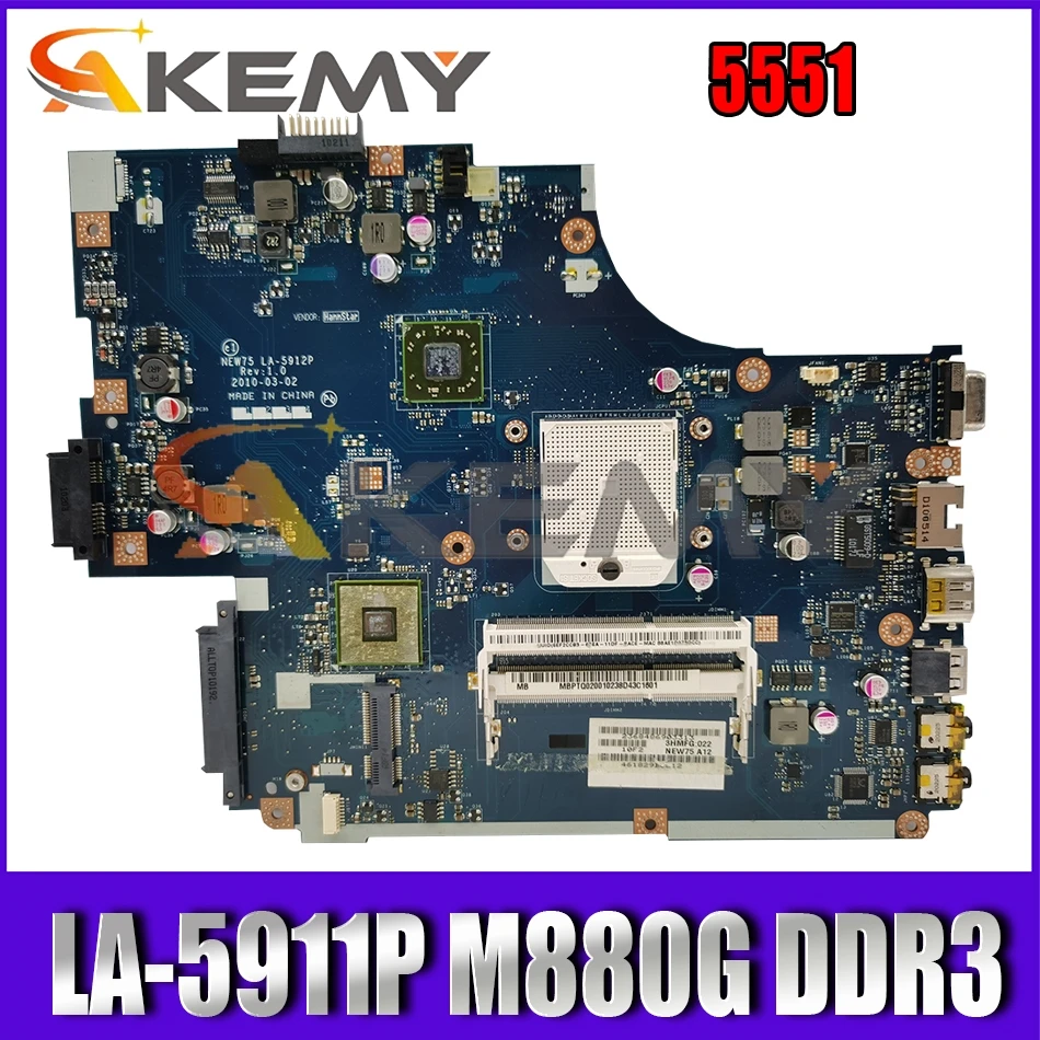 

AKEMY MB.PTQ02.001 Laptop Motherboard for Acer Aspire 5551 Series MBPTQ02001 LA-5912P & heatsink & cpu = La-5911p M880G DDR3