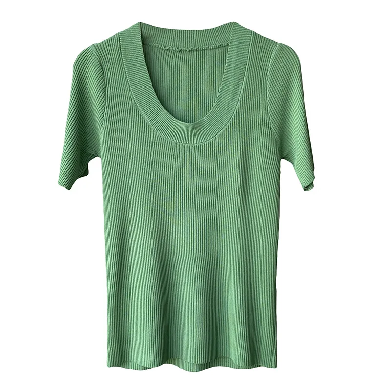 

Yeeloca Ice Silk Short-sleeved Knitted T-shirt Women Summer 2021 U-neck Casual Solid Pullovers Korean Slim Bottom Top