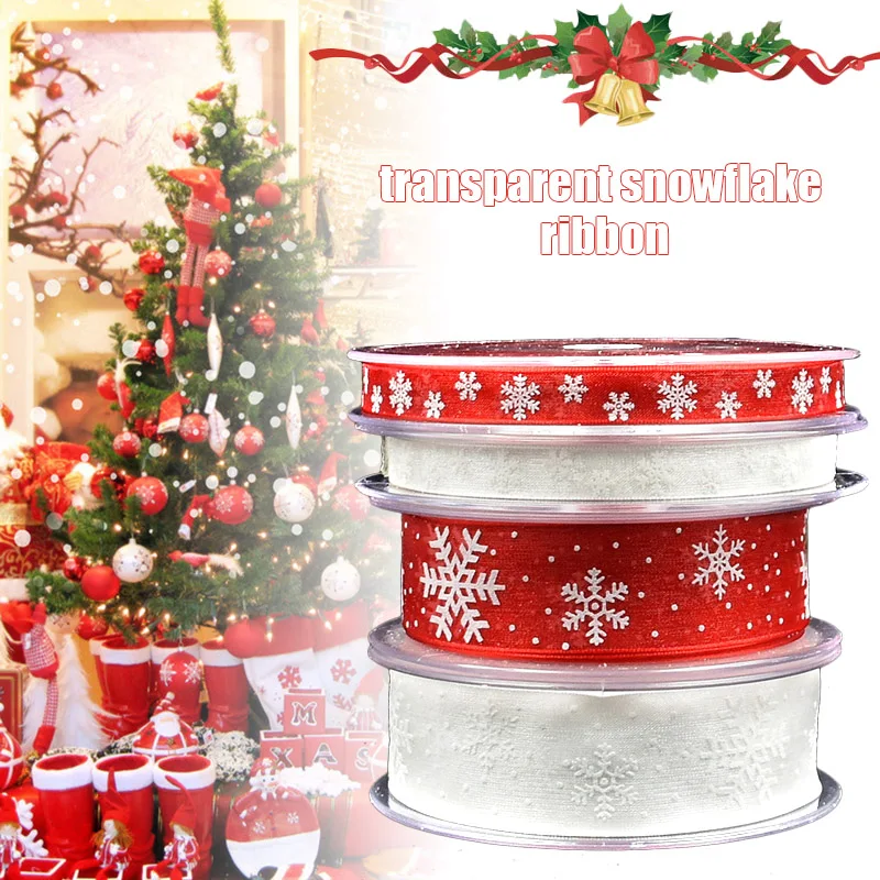 

2 Rolls Christmas Decoration Transparent Snowflake Ribbon Gift Wrapping Hair Accessory DIY Ribbon B2Cshop