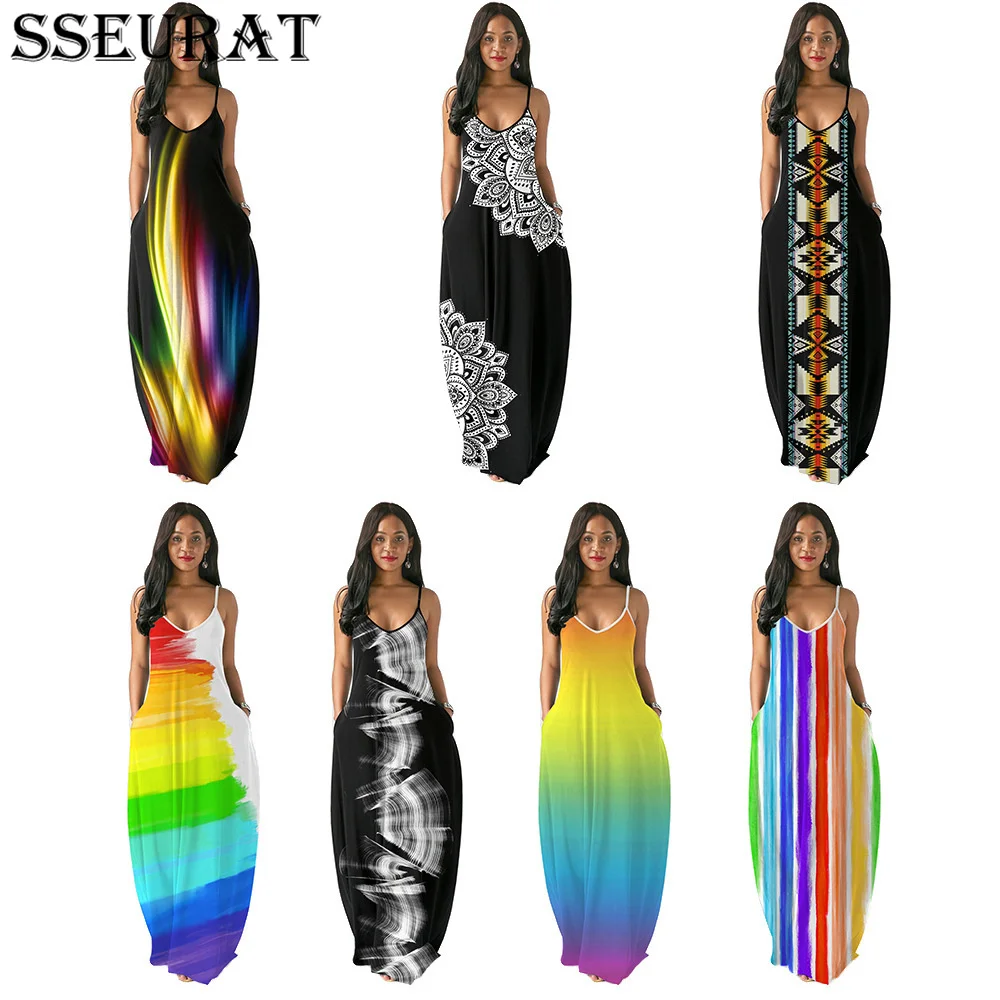 

SSEURAT Women Long Dress Print Sleeveless Strap V-neck Loose Straight Maxi Dresses Casual Streetwear Summer 2021