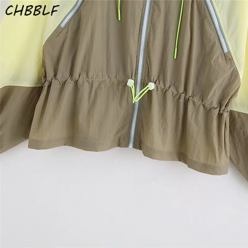 CHBBLF женская элегантная Лоскутная Свободная куртка с капюшоном завязкой на