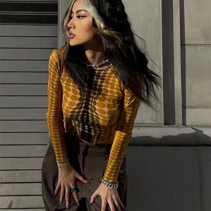 

Women Yellow Sexy Polka Dot Printed Skinny Stretch Long Sleeve T-shirt Crop Tops Fall Fashion Plus Size Slim Harajuku Streetwear