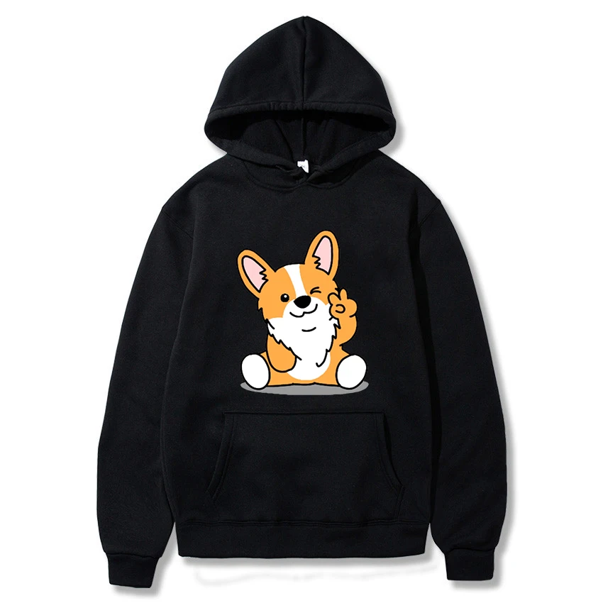 

Corgi Dog Print Hoody Autumn Winter Fleece Sweatshirts Female Kawaii Tops Streetwear Cartoon Fashion Casual Cotton Hooded
