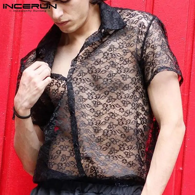 

Топы INCERUN, новинка 2021, Мужская сексуальная стильная кружевная прозрачная рубашка для отдыха с короткими рукавами, модная дышащая сетчатая ф...