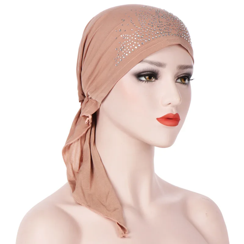 

European and American new hot rhinestone curved Baotou cap 12 color crystal linen simple turban cap in stock
