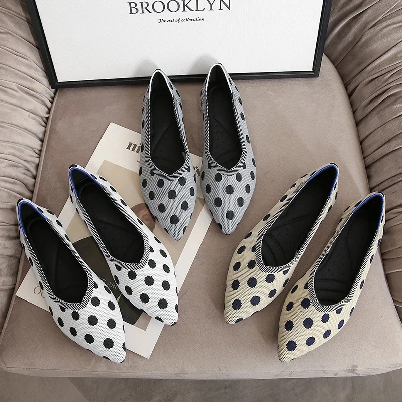 35-43 Women's Flat Shoes Ballet Shoes Moccasin Mixed Color Shoes Women Knit Pointed Shoes Soft Pregnant Shoes Zapatos De Mujer