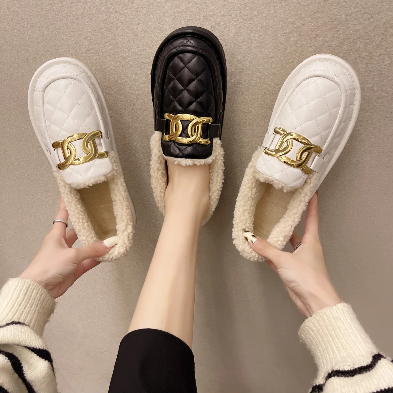 

Womens Loafers Shoes Casual Female Sneakers Autumn Flats Metal Chain Modis Soft Round Toe Slip-on Winter Fall New Dress Buckle