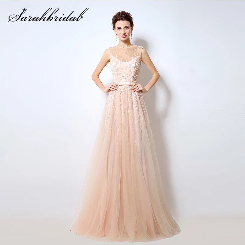 

Elegant Tulle Blush 2021 Long Evening Dresses Arabic Sheer Neckline Sequins Prom Gowns Party Women Dubai Rode De Doiree LX065
