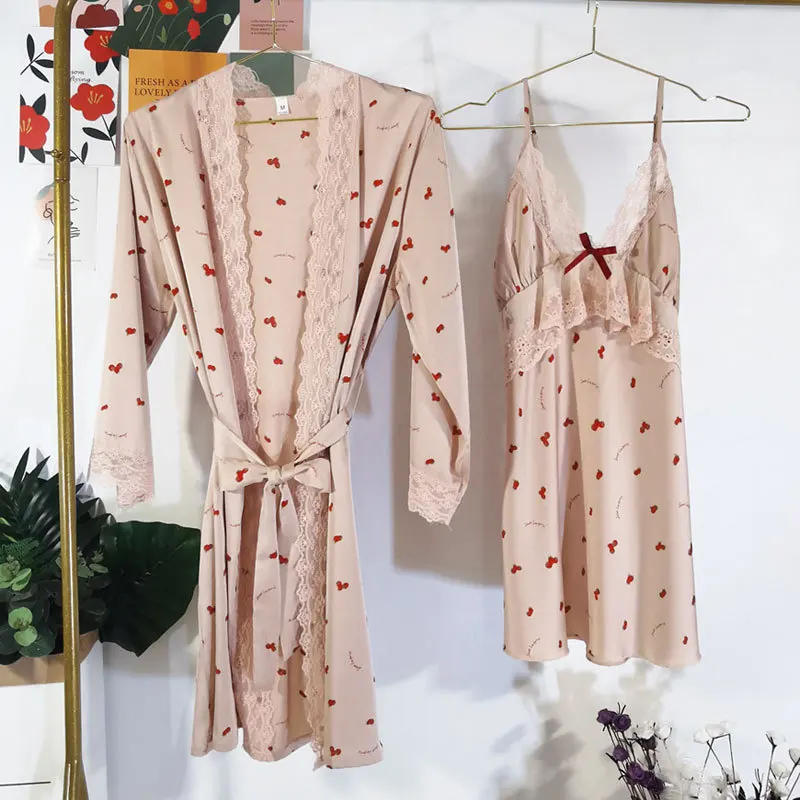 

Print Sweety Kimono Robe Gown Sets Women Summer Bathrobe Satin Lace Sleepwear With Suspender Nightdress Lingerie Loungewear