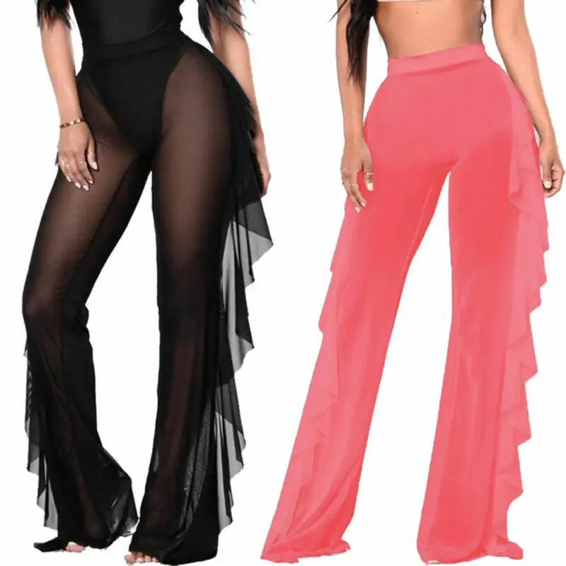 Hot Plus Size Women Mesh Sheer Cover Up Long Pant Trousers Beach Swimwear Solid Loose Pants 7 Colors S-XXL | Женская одежда