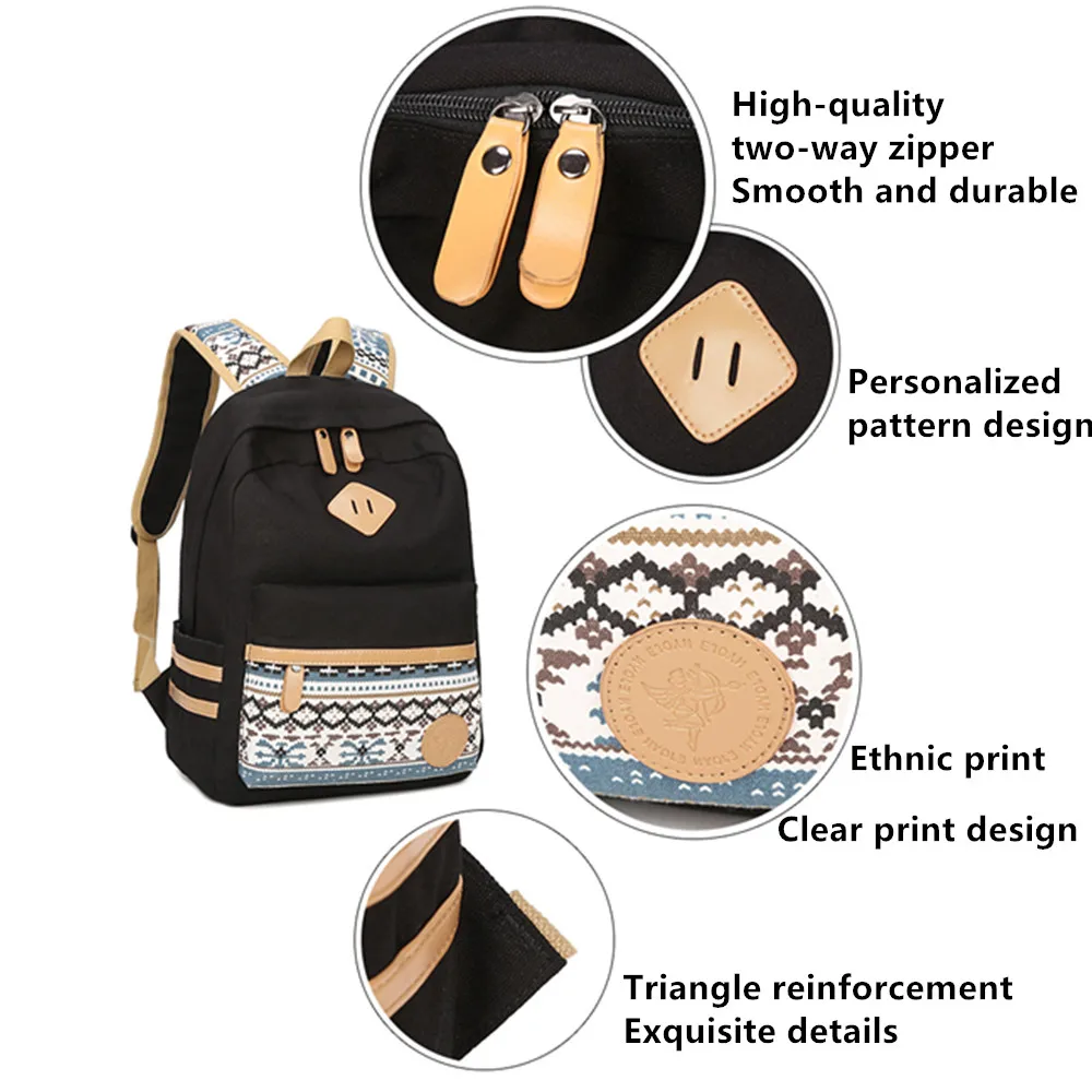 3Pcs Set Canvas Dot Backpack Junior High School Bag Lightweight Teen Girls Laptop Backpacks with Insulated Bag+Pencil Case