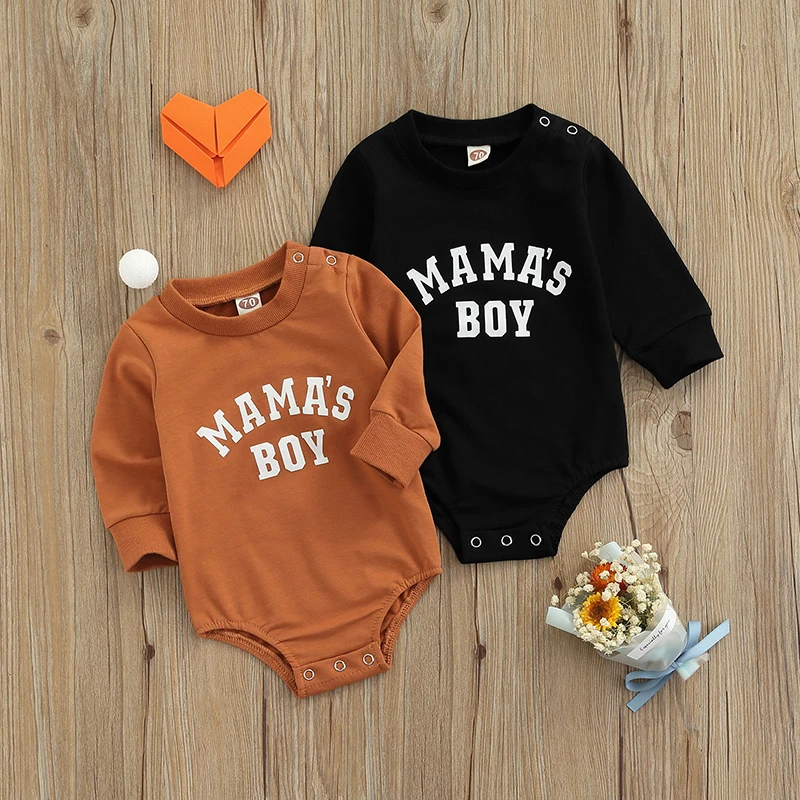 

Baby Boys Letter Print Playsuit Casual Long Sleeve Bodysuits for Newborn Boys Black Brown Spring Autumn Jumpsuit