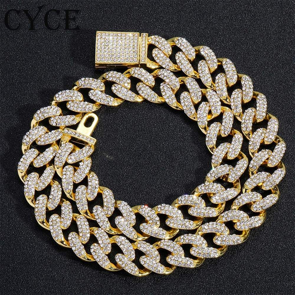 

15mm Iced Out Cuban Necklaces Bracelets Chains Hip Hop Jewelry Sets Gold Silver Rhinestone CZ Clasp Chokers For Men Rapper Party