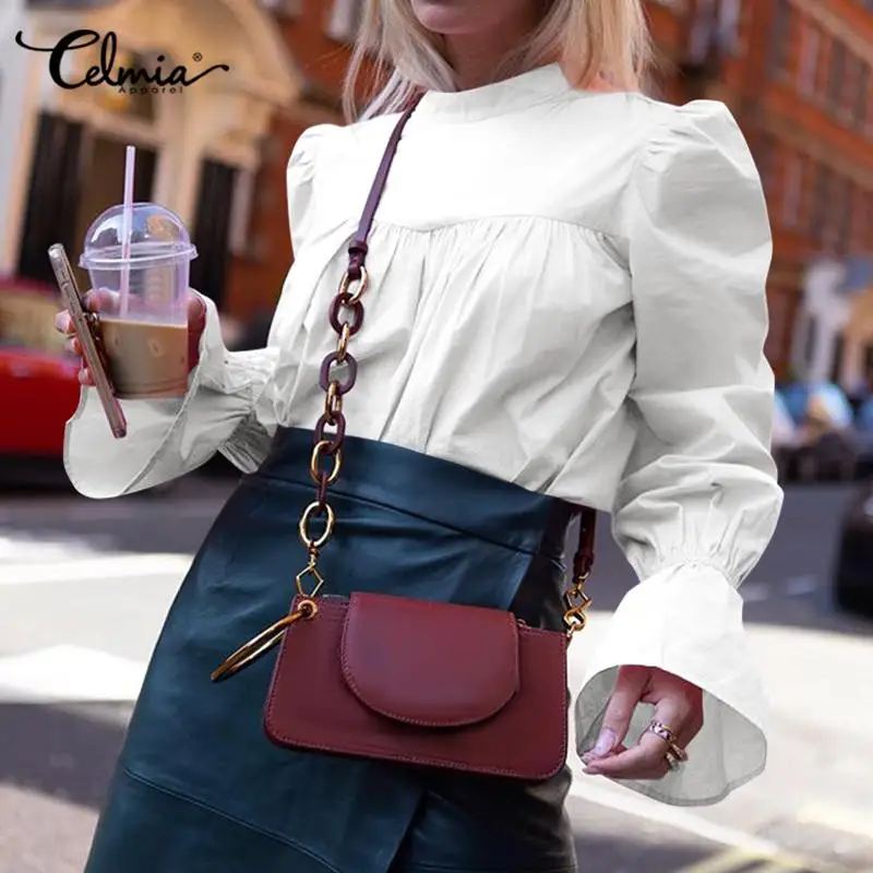 

Женские Элегантные блузки с длинным Расклешенным рукавом 2021 модные повседневные плиссированные однотонные топы с круглым вырезом стильны...